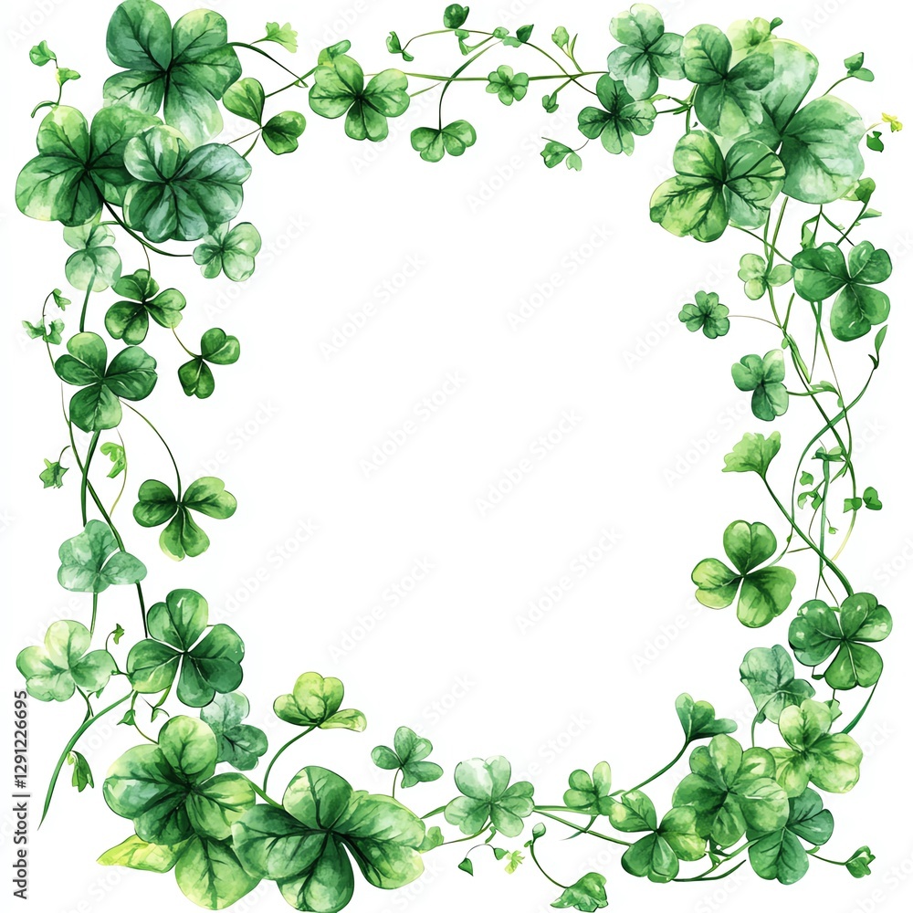 A vibrant green clover leaf frame, ideal for invitations or decorative purposes, featuring lush foliage and a blank center for personalization. A vibrant green clover leaf frame, ideal for invitations or decorative purposes, featuring lush foliage and a blank center for personalization.