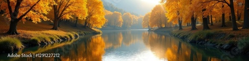 Wallpaper Mural The river's tranquil atmosphere is mirrored in the peaceful surroundings of golden yellow and orange trees, autumn, sunlight Torontodigital.ca