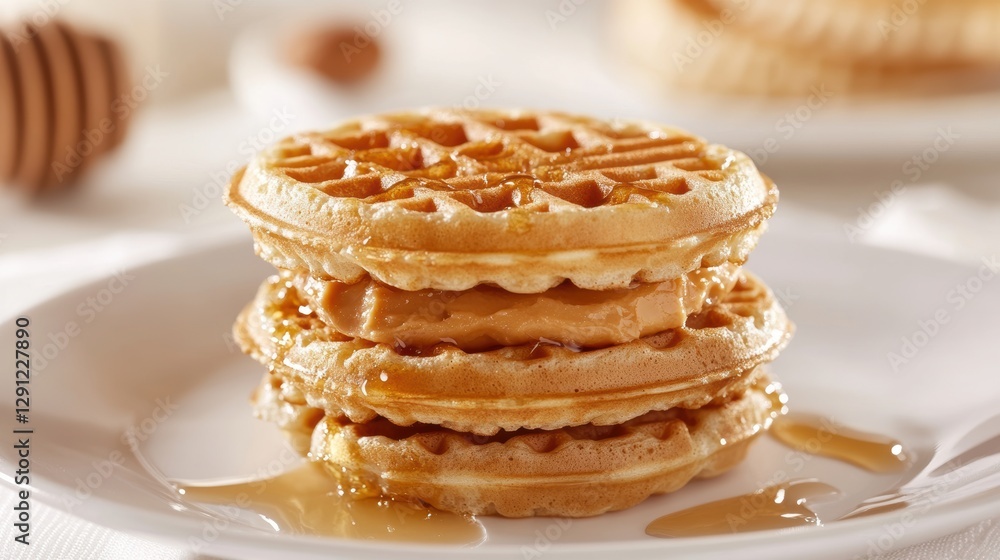 Golden Waffles with Syrup: A mouthwatering stack of golden-brown waffles drizzled with sweet syrup sits on a pristine plate, inviting a moment of indulgence Golden Waffles with Syrup: A mouthwatering stack of golden-brown waffles drizzled with sweet syrup sits on a pristine plate, inviting a moment of indulgence