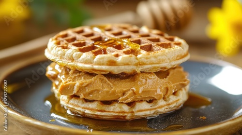 Golden Waffle Delight: A delightful stack of golden waffles filled with peanut butter and drizzled with a cascade of honey, creating a mouthwatering treat perfect for breakfast or a sweet indulgence.