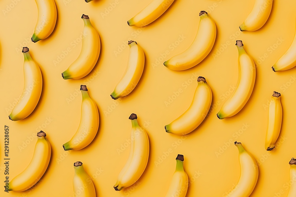 Many bananas arranged on yellow background; Pattern for food illustration, nutrition, or design Many bananas arranged on yellow background; Pattern for food illustration, nutrition, or design