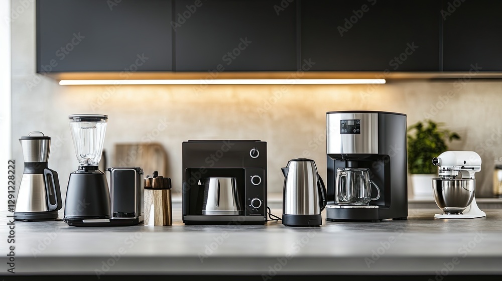 A beautifully arranged display of small kitchen appliances in a showroom-style composition. A beautifully arranged display of small kitchen appliances in a showroom-style composition.