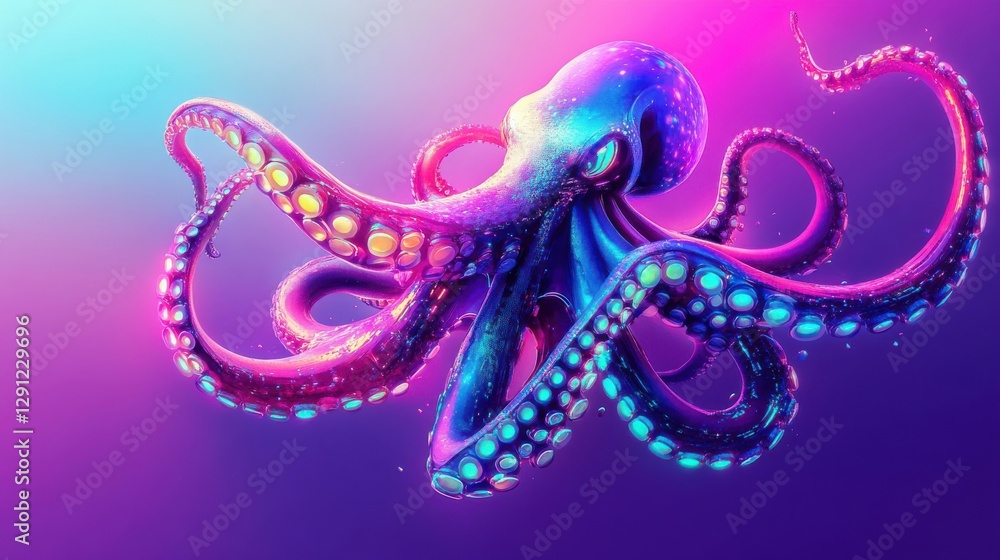 Obraz premium A vibrant iridescent octopus swims in neon light