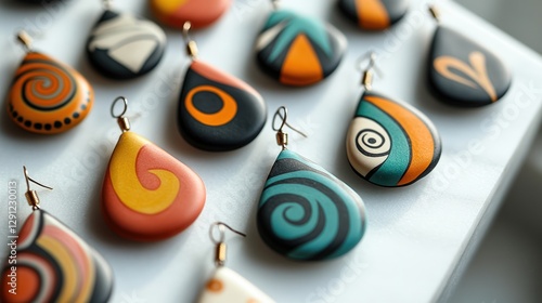  Handmade polymer clay earrings with vibrant swirls and geometric patterns displayed on white surface, showcasing artistic and unique jewelry craftsmanship.