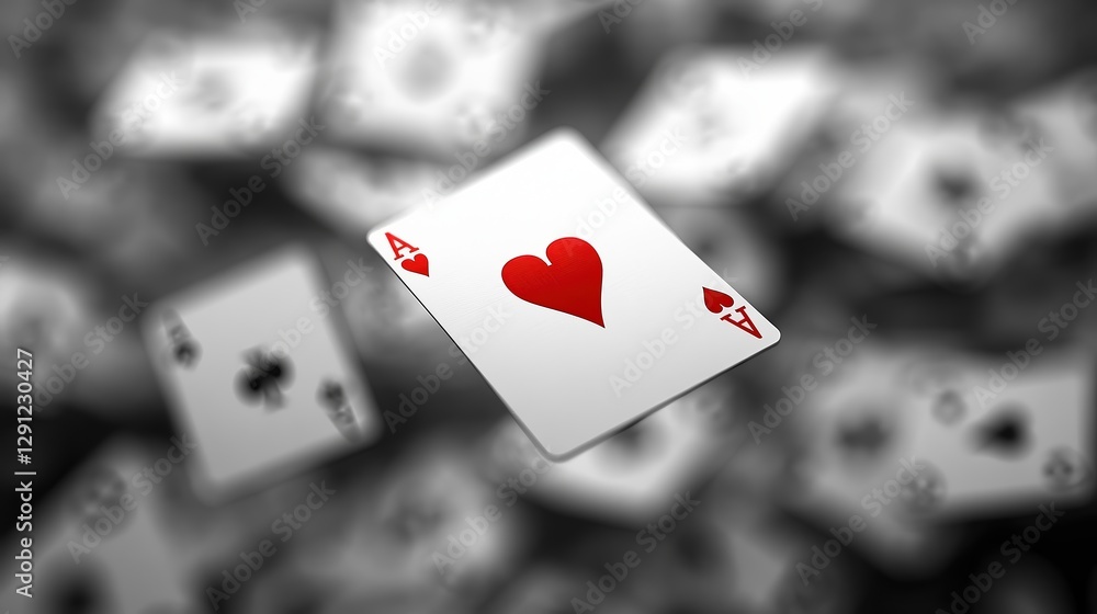  Floating ace of hearts card with blurred scattered playing cards in background, emphasizing luck, magic, and mystery in gambling, illusion, or card games.