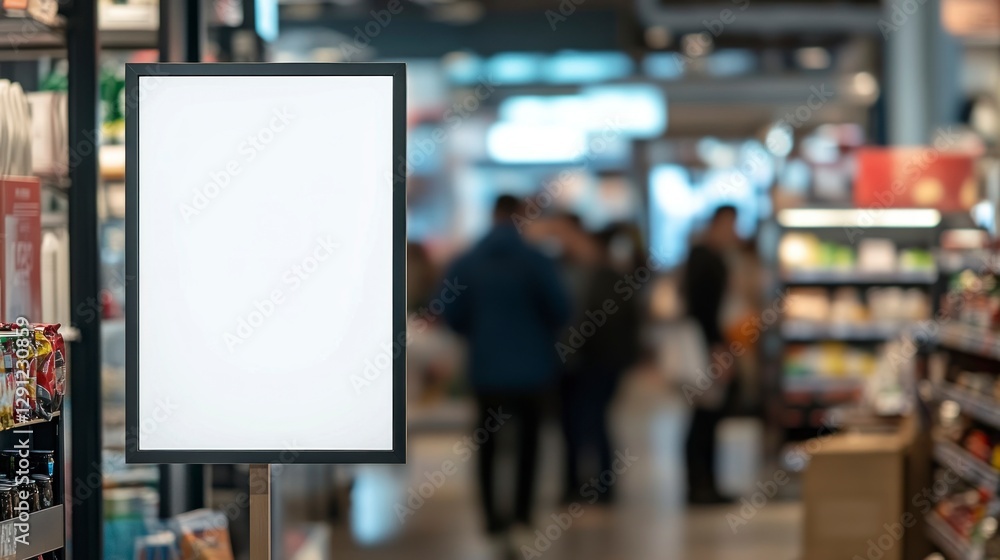 mockup of an empty white poster frame in the foreground, with blurry store shelves and people shopping in the background. mockup of an empty white poster frame in the foreground, with blurry store shelves and people shopping in the background.