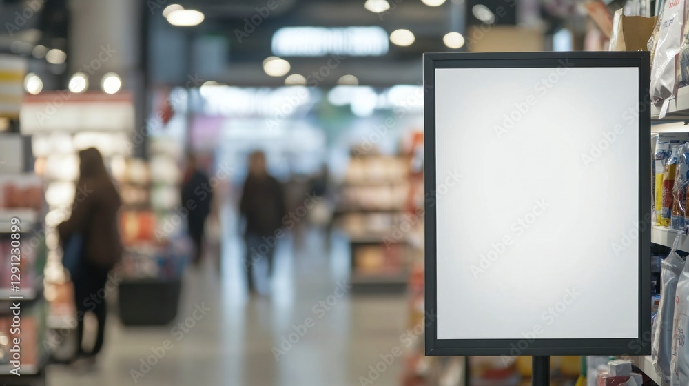 mockup of an empty white poster frame in the foreground, with blurry store shelves and people shopping in the background. mockup of an empty white poster frame in the foreground, with blurry store shelves and people shopping in the background.