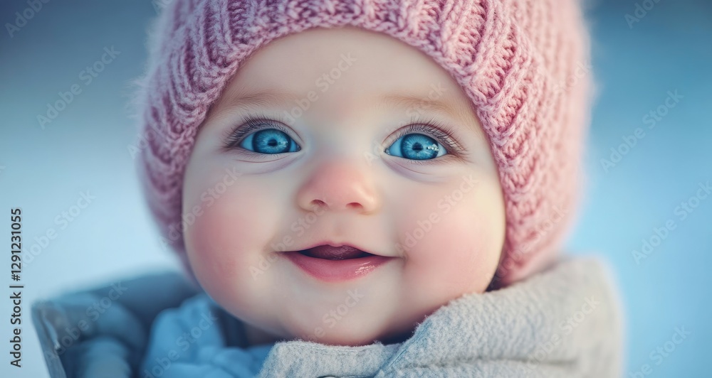 A baby girl with blue eyes, wearing a pink hat and light gray jacket, is smiling at the camera. A baby girl with blue eyes, wearing a pink hat and light gray jacket, is smiling at the camera.