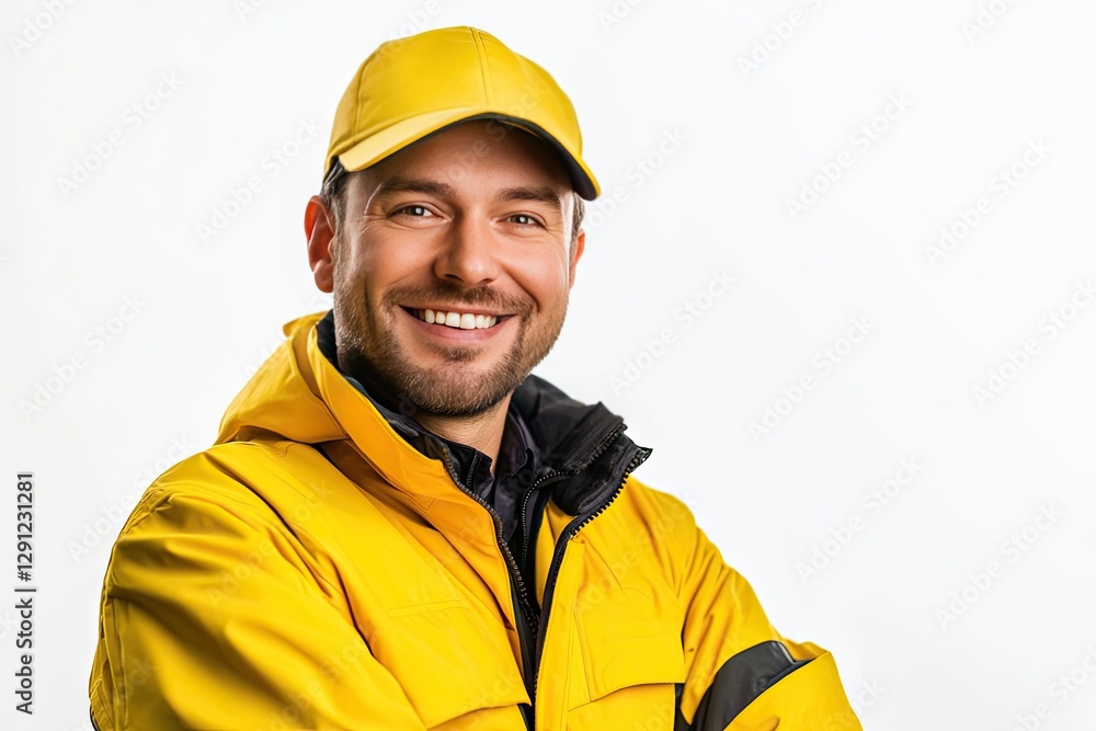 Smiling delivery worker in yellow uniform (5) Smiling delivery worker in yellow uniform (5)