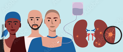 Cancer patients silhouettes and cancer ribbon, silhouette vector stock illustration with unidentifiable people together as a template with space for text or copy space