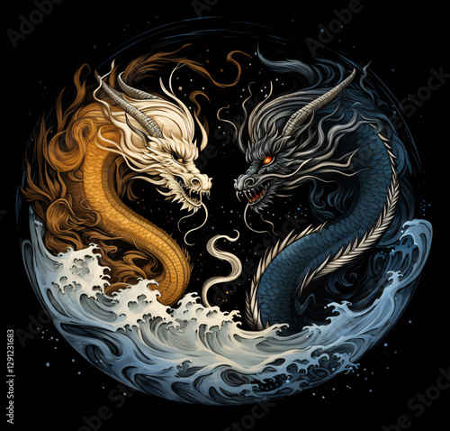 Two fantasy dragons writhe in a circular embrace. Asian mythological creature. Yin yang symbol.