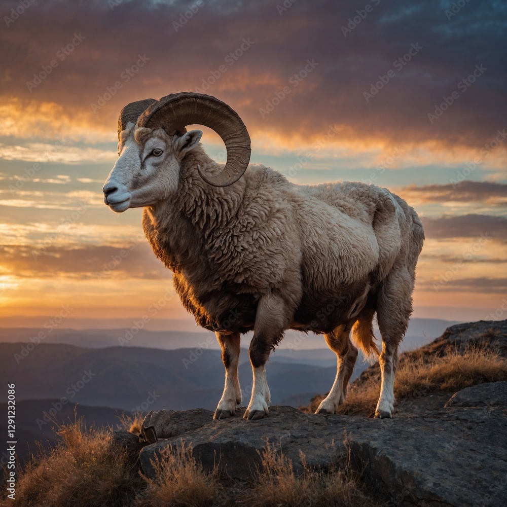 Obraz premium A majestic ram standing on a cliff with a glowing sunset sky in the background.