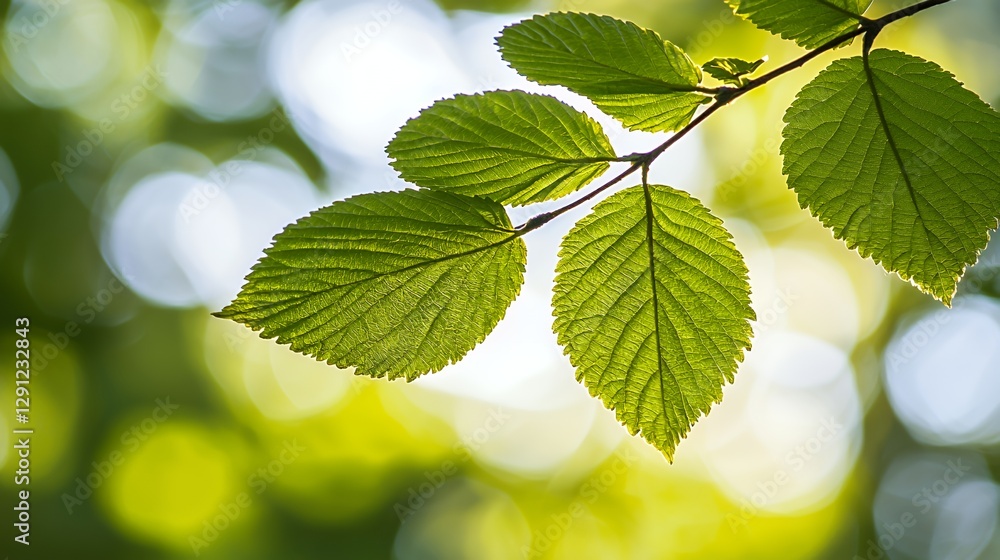 Bright Green Leaves on Branch Backlit by Sunlight Bright Green Leaves on Branch Backlit by Sunlight