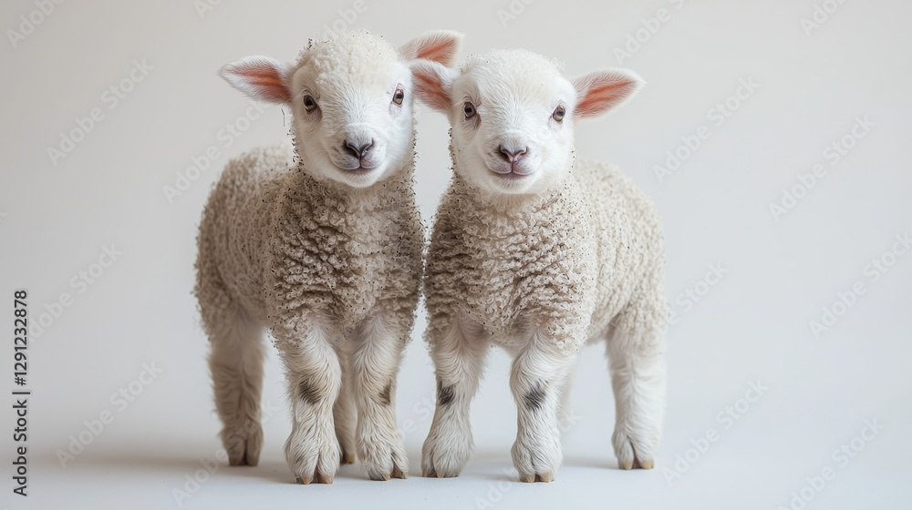 Fototapeta premium Two adorable lambs standing side by side against a clean, neutral backdrop, showcasing their fluffy wool and playful expressions.
