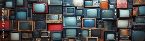 Large collection of old televisions stacked on top of each other, ewaste explosion, chaotic wall of vintage screens, glowing static, highresolution, Midjourney v6