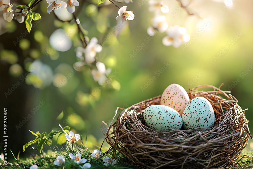 Obraz premium Easter festive background with eggs in nest, easter eggs template