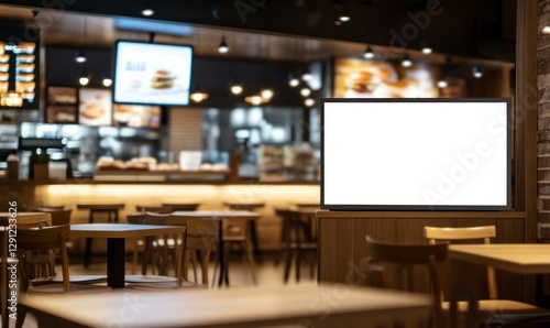 blank white digital signage screen in the middle of an American fast-food restaurant, with wooden tables and chairs around it. The background is blurred, showing other parts inside the store.