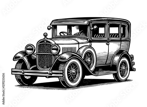 Vintage car engraving black and white outline. Scratch board imitation.  illustrated in vintage line art style on a white background.
