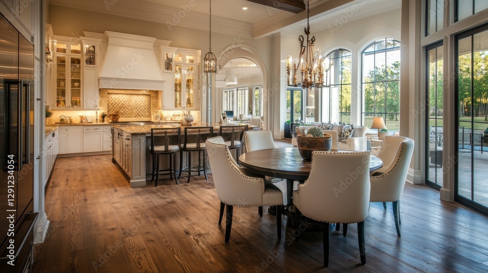 luxurious kitchen and dining area with hardwood floors and large luxurious kitchen and dining area with hardwood floors and large