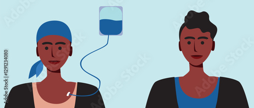 Cancer patients silhouettes and cancer ribbon, silhouette vector stock illustration with unidentifiable people together as a template with space for text or copy space