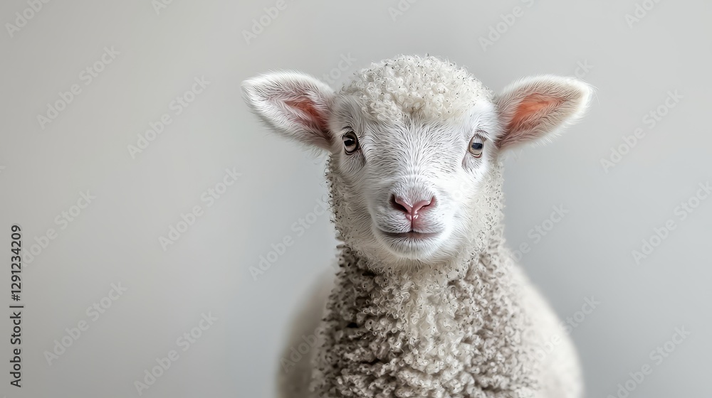 Fototapeta premium Close-up portrait of a young sheep with soft, fluffy fleece and a curious expression against a neutral background