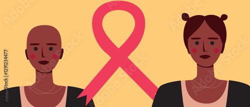 Cancer patients silhouettes and cancer ribbon, silhouette vector stock illustration with unidentifiable people together as a template with space for text or copy space