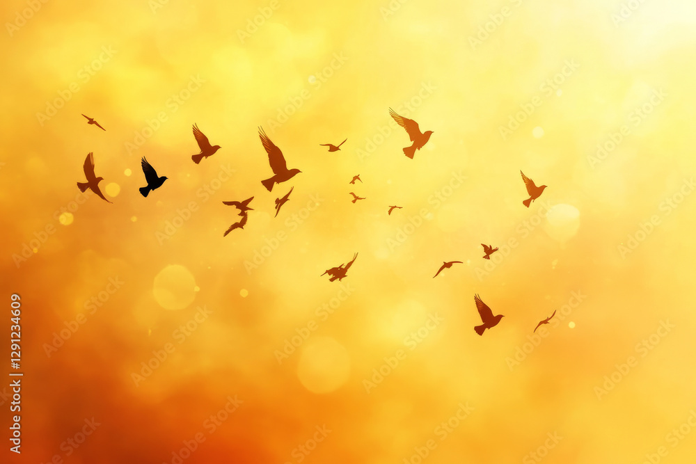 Fototapeta premium Illustration of a flock of birds soaring through a golden sunset sky, their wings spread wide against the warm colors of the evening. The tranquil atmosphere and free flight of the birds evoke a sense