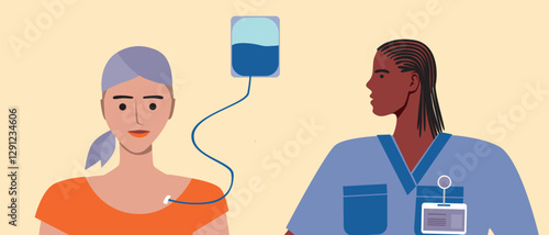 Cancer patient with chapel, consultation with doctor, flat vector stock illustration with medicine and chemotherapy