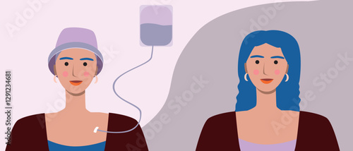 Cancer patients silhouettes and cancer ribbon, silhouette vector stock illustration with unidentifiable people together as a template with space for text or copy space