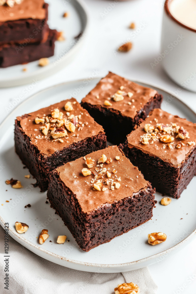 Delicious fudgy chocolate brownies with walnuts on white plate Delicious fudgy chocolate brownies with walnuts on white plate