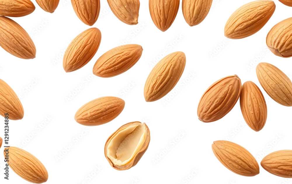 Falling almonds in various orientations isolated on white and transparent background – perfect for food and health themes Falling almonds in various orientations isolated on white and transparent background – perfect for food and health themes