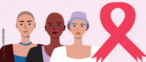 Cancer patients silhouettes and cancer ribbon, silhouette vector stock illustration with unidentifiable people together as a template with space for text or copy space