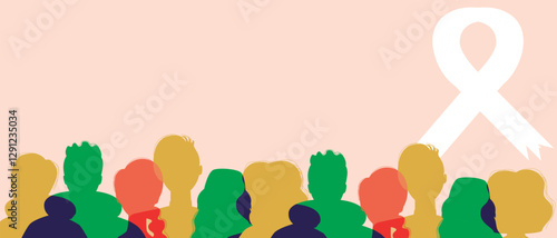 Cancer patients silhouettes and cancer ribbon, silhouette vector stock illustration with crowd of unidentifiable people as template with place for text
