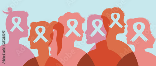 Cancer patients silhouettes and cancer ribbon, silhouette vector stock illustration with unidentifiable people together as a template with space for text or copy space