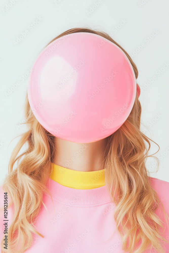 Female blowing pink bubblegum balloon covering face in stylish fashion Female blowing pink bubblegum balloon covering face in stylish fashion