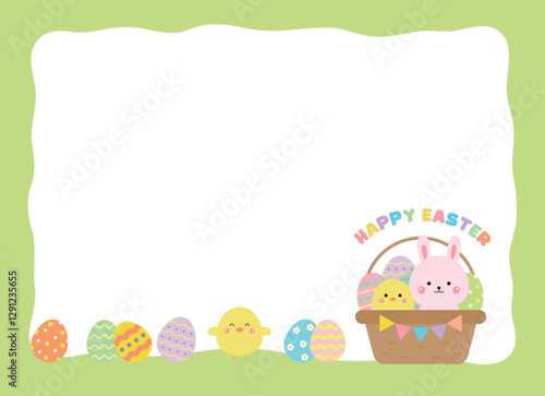 Illustration of a basket with eggs and a rabbit with a Christian Easter concept. Eggs with various patterns painted on them are exchanged to celebrate the resurrection and bless the other person.