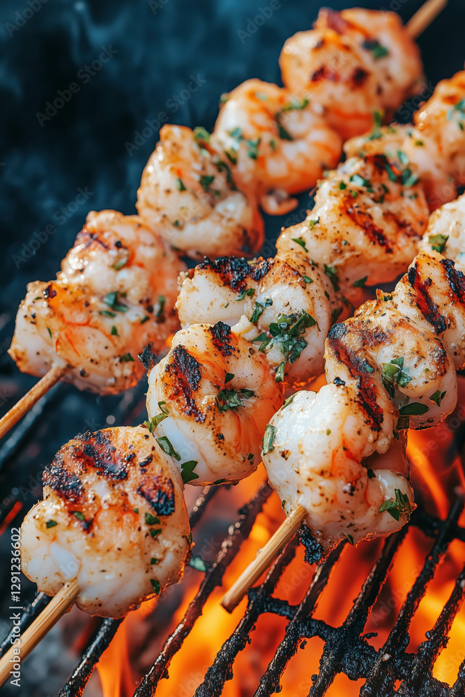 Grilled shrimp skewers on flaming barbecue with fresh herbs and seasoning Grilled shrimp skewers on flaming barbecue with fresh herbs and seasoning