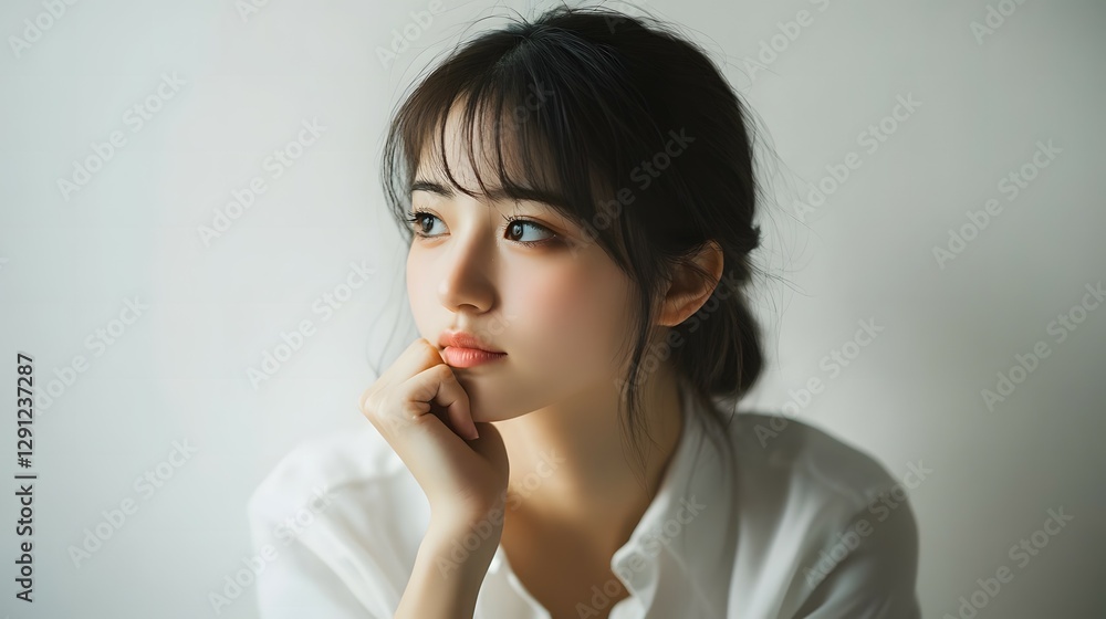 A young woman in a white shirt is thinking, with her hand on her chin. This is a portrait shot against a solid background A young woman in a white shirt is thinking, with her hand on her chin. This is a portrait shot against a solid background