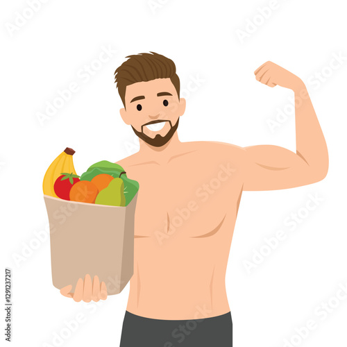 Man flexes his biceps while holding a grocery bag filled with fresh fruits and vegetables. Flat vector illustration isolated on white background