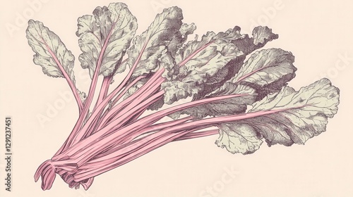 Vintage Botanical Illustration of Rhubarb Stems and Leaves