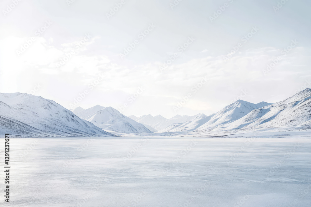 Obraz premium Illustration of a large, frozen lake surrounded by snow covered mountains. The sky above is pale and clear, with soft clouds drifting by, and the whole scene feels calm and peaceful, evoking a sense