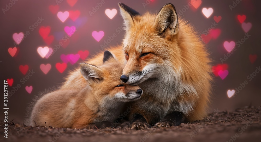 Fototapeta premium Red fox snuggles her cub against a heart bokeh background