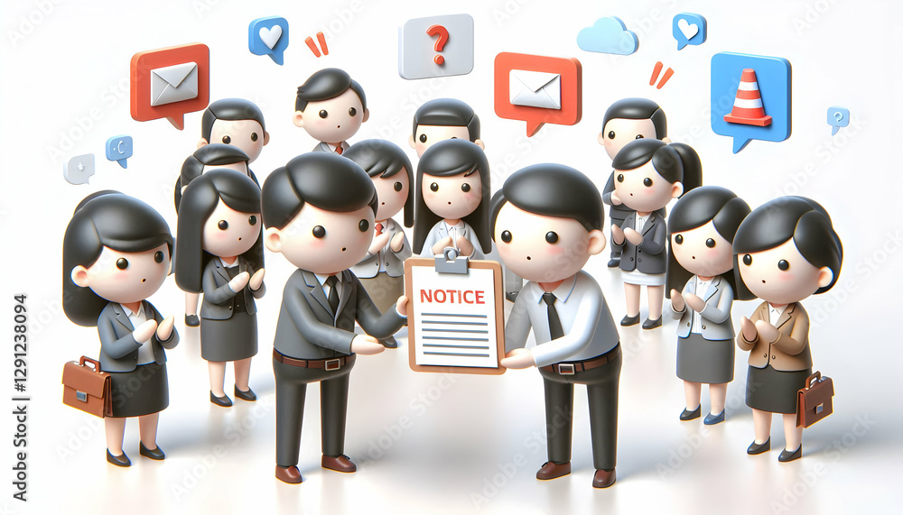 3D Announcement and Event Notice Concept: Business Team Receiving Event Notification in Office Environment with Cute 3D Icon on Isolated White Background - Copy Space Included 3D Announcement and Event Notice Concept: Business Team Receiving Event Notification in Office Environment with Cute 3D Icon on Isolated White Background - Copy Space Included