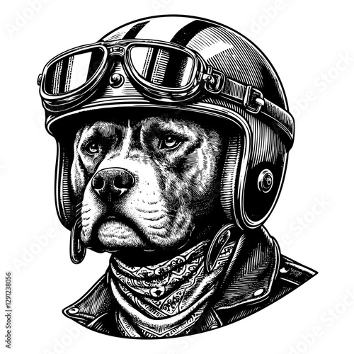 Pitbull dog wear motorcycle helmet sketch engraving black and white outline. Scratch board imitation.