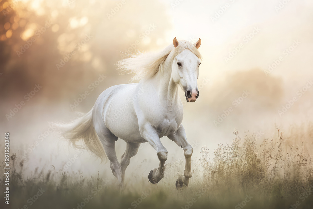 Obraz premium A majestic white horse galloping across a misty meadow, its mane flowing in the wind. The soft pastel sunrise behind it adds a dreamy, ethereal quality to the composition.