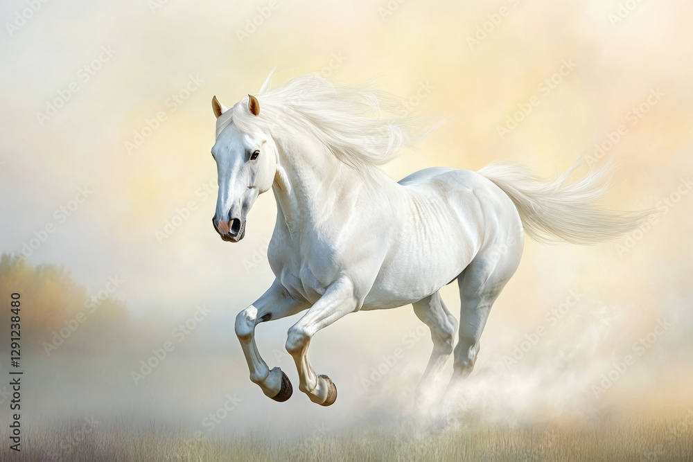 A majestic white horse galloping across a misty meadow, its mane flowing in the wind. The soft pastel sunrise behind it adds a dreamy, ethereal quality to the composition. A majestic white horse galloping across a misty meadow, its mane flowing in the wind. The soft pastel sunrise behind it adds a dreamy, ethereal quality to the composition.