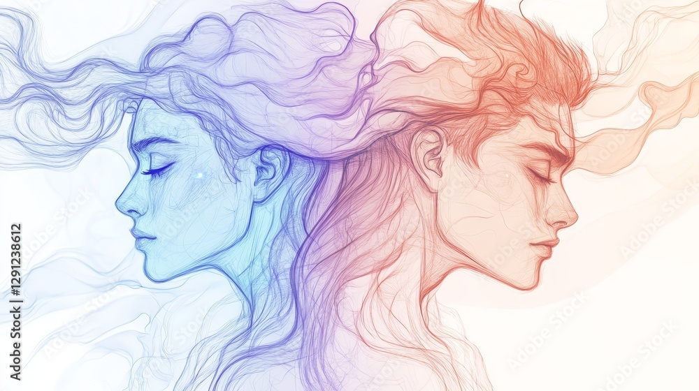 Ethereal Portraits of Two Figures with Flowing Hair in Shades of Blue and Red Ethereal Portraits of Two Figures with Flowing Hair in Shades of Blue and Red