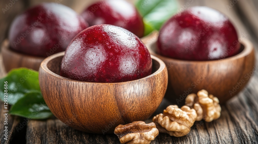 Red fruit dessert in wooden bowls, walnuts, rustic table Red fruit dessert in wooden bowls, walnuts, rustic table