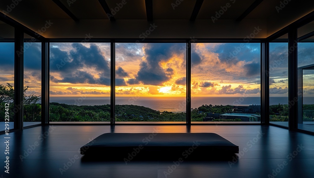 Fototapeta premium Ocean Sunset View: Contemplation and Tranquility in Minimalist Room Design, Featuring Floor Mat and Panoramic Windows
