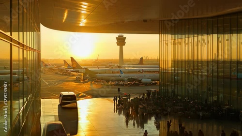 Busy airport at sunrise with silhouettes of travelers and grounded aircraft, A busy airport at sunrise